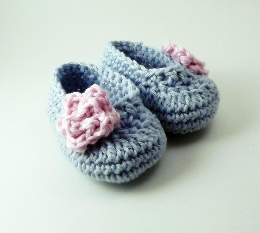 Rose baby booties - blue and pink 