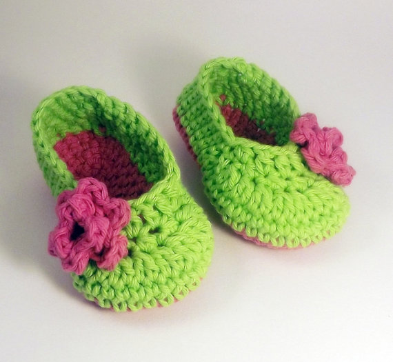 Lime Green Ballet style crochet Booties with pink rose