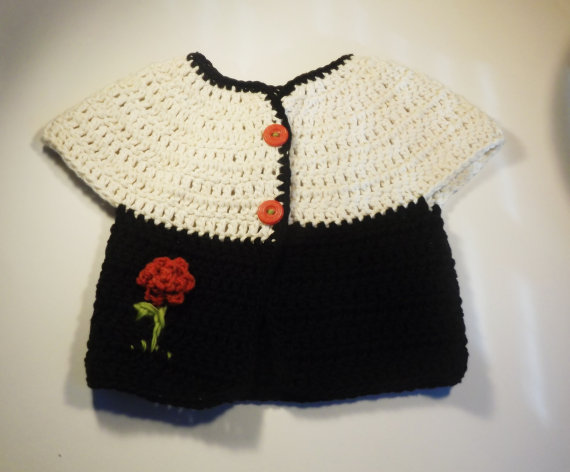 Crochet Short sleeve cotton cardigan sweater in black, cream 18 month size