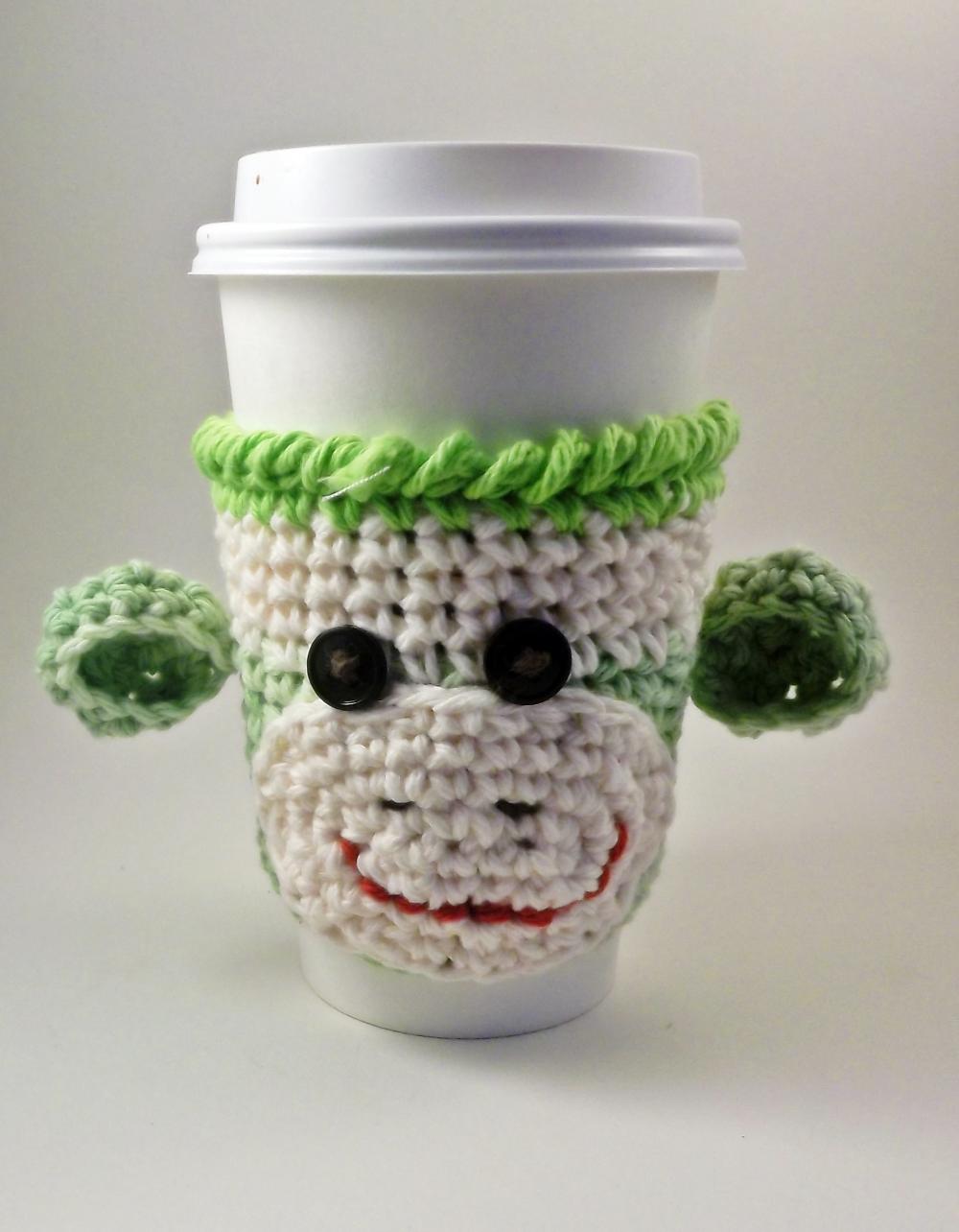 Coffee cozy - sock monkey - crochet - lime green