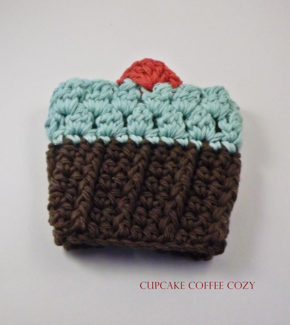 crochet coffee cozy - cupcake- chocolate, mint green frosting, cherry on top