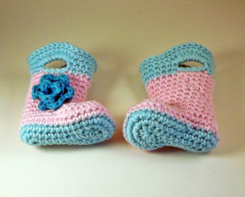 Crochet Baby Booties, pink and blue, rain galosh style ready to ship size 0 to 3 months