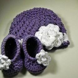 New Baby Gift purple and white hat and booties with rose size 0 to 3 months ready to ship